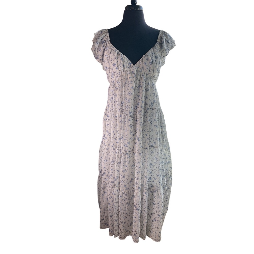 White Birch Floral Maxi Dress Blue White V-Neck Tiered Cottagecore Boho Large - Picture 1 of 4